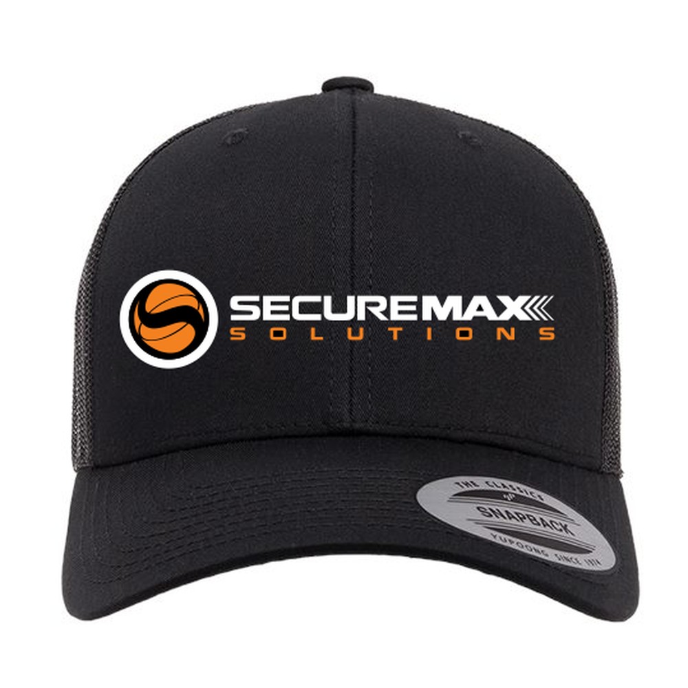 Yupoong 6606 Retro Trucker Snapback Cap — Black · SecureMax logo front